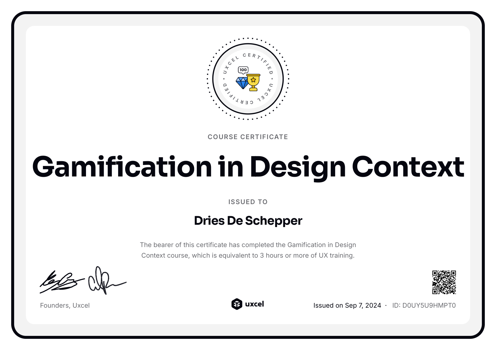 Dries De Schepper's certificate